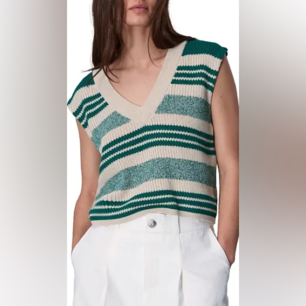 rag & bone Green and Cream Striped V-Neck Sweater Vest